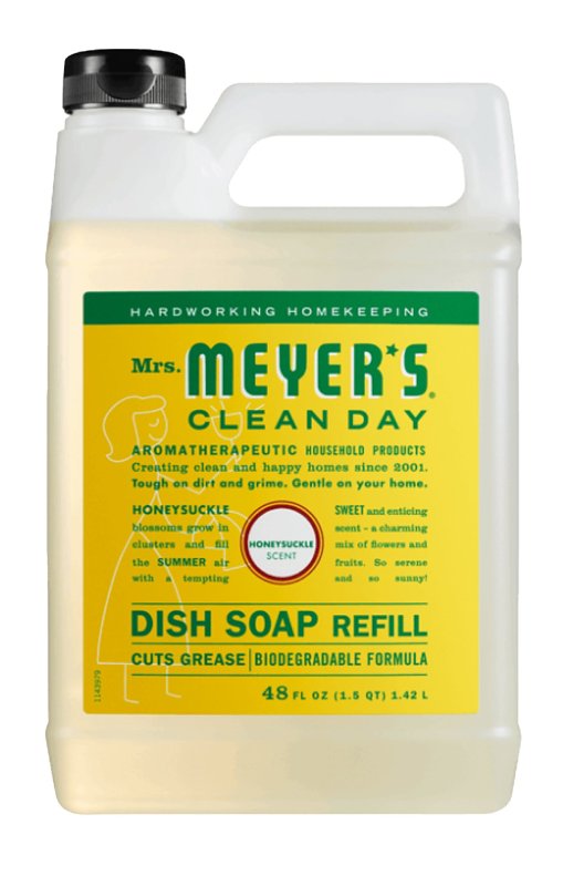 MRS. MEYERS Mrs. Meyer's Clean Day 11183 Dish Soap Refill, 48 fl-oz Bottle, Liquid, Honeysuckle, Colorless