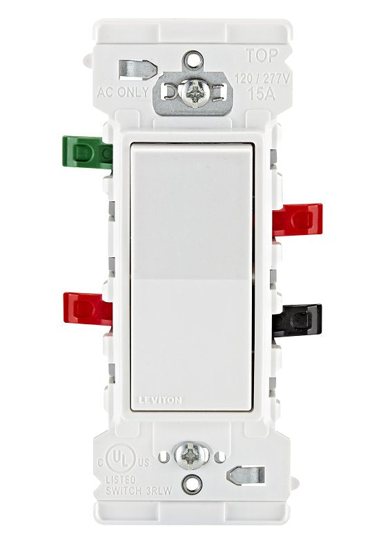LEVITON Decora Edge Series E5603-0SW Residential-Grade 3-Way Rocker Switch, 15 A, 120/277 VAC, Side Lever Terminal, White