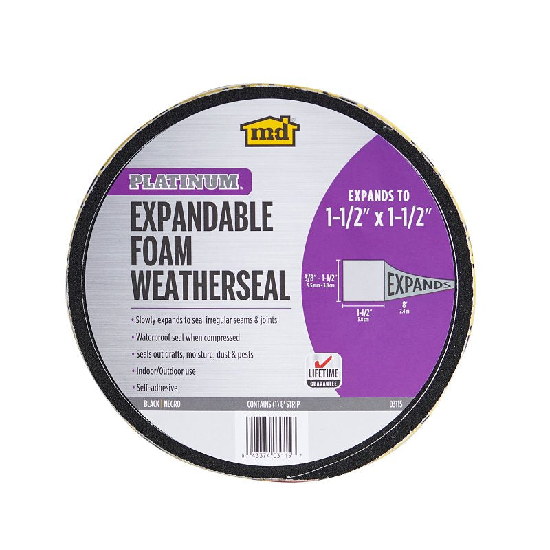 M-D M-D 03115 Expandable Weatherseal, 1-1/2 in W, 8 ft L, 1-1/2 in Thick, Foam, Black
