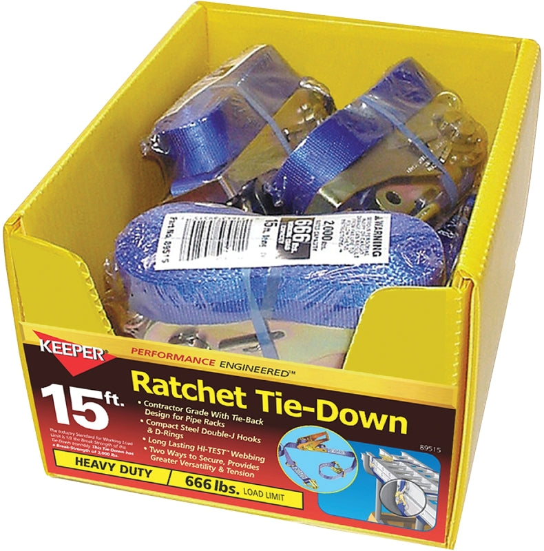 KEEPER Keeper 89515-10 Tie-Down, Ratchet, 1 in W, 15 ft L, Orange, 666 lb, J-Hook End Fitting AUTOMOTIVE KEEPER