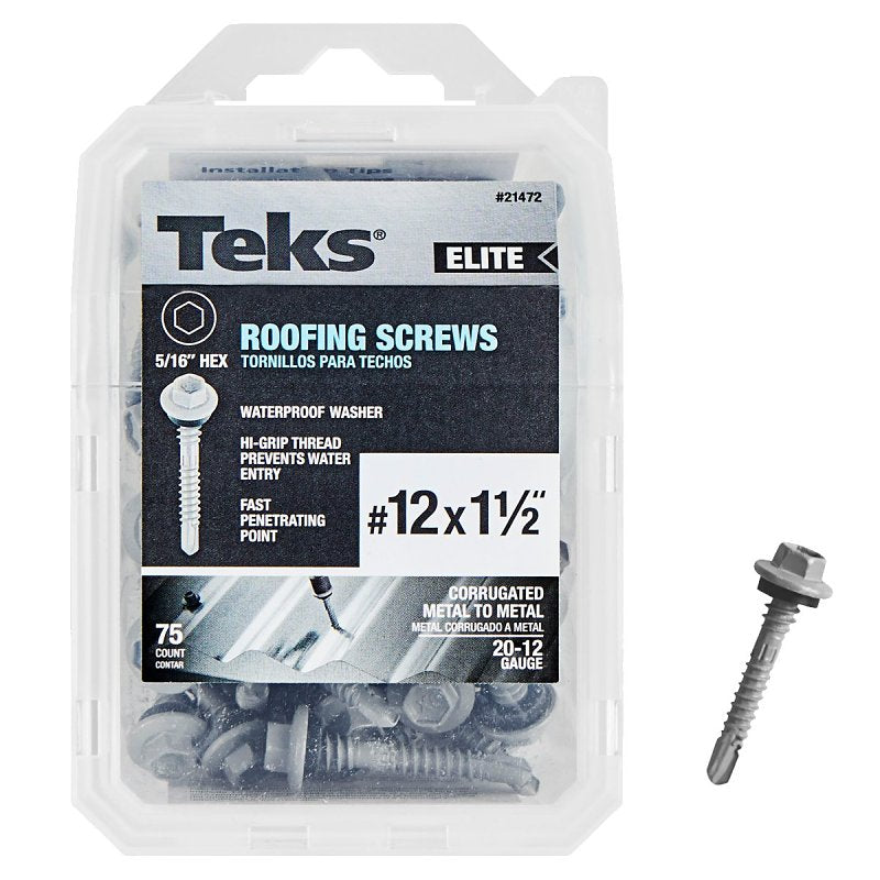 TEKS Teks Elite Series 21472 Roofing Screw, 1-1/2 in L, Coarse Thread, Washer Head, Hex Drive, Drill Point, Steel, 75 HARDWARE & FARM SUPPLIES TEKS