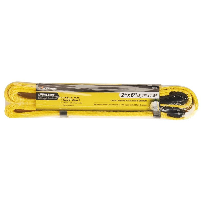 KEEPER Keeper 02612 Lift Sling, 2 in W, 6 ft L, 1-Ply, 3100 lb Vertical Hitch, Polyester, Yellow
