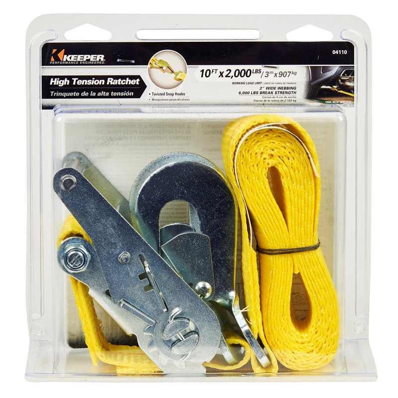 KEEPER Keeper 04110 Tie-Down, 2 in W, 10 ft L, Hi-Test Webbing, Yellow, 2000 lb, Twisted Snap Hook End Fitting AUTOMOTIVE KEEPER