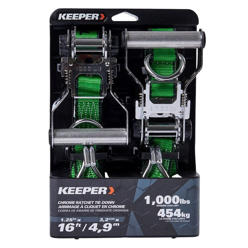 KEEPER Keeper 85422 Tie-Down, 1-1/4 in W, 16 ft L, Green, 1000 lb Working Load, J-Hook End