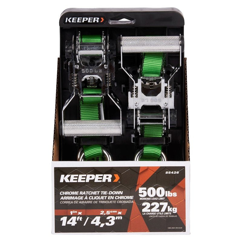 KEEPER Keeper 85426 Tie-Down, Ratchet Adjustment, 1 in W, 14 ft L, Bright Green, 500 lb Working Load, S-Hook End, 2/PK