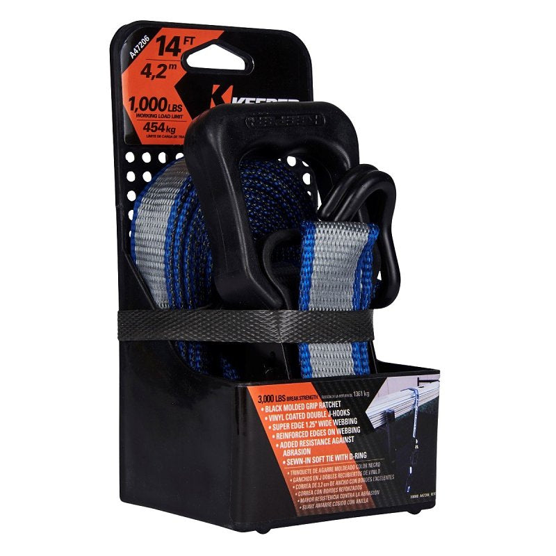 KEEPER Keeper 47206 Tie-Down, 1-1/4 in W, 14 ft L, Gray, 1000 lb Working Load, J-Hook End