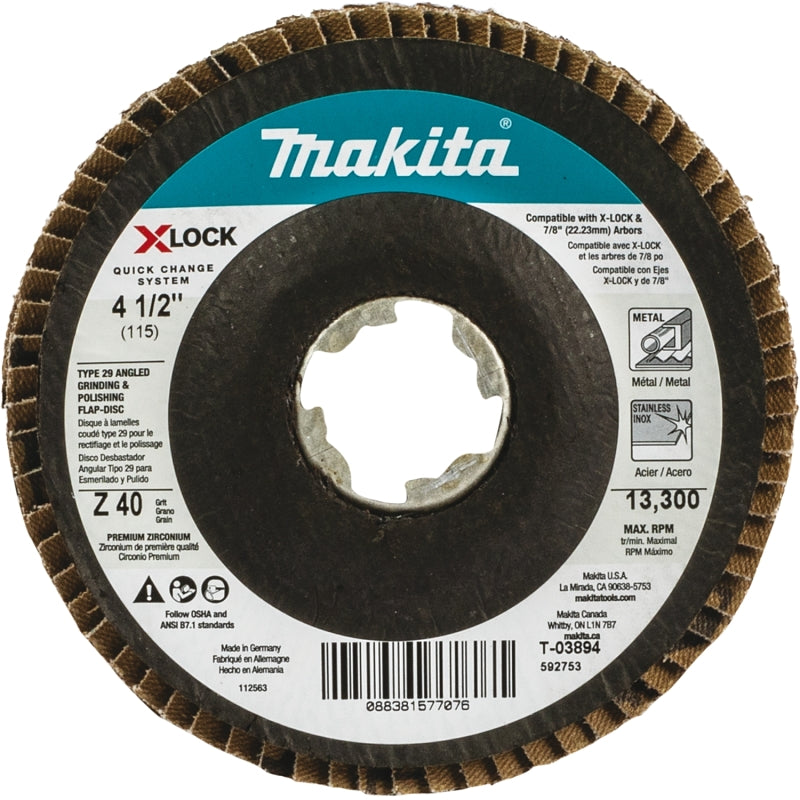 MAKITA Makita X-LOCK T-03894 Grinding and Polishing Flap Disc, 4-1/2 in Dia, 7/8 in Arbor, 40 Grit, Coarse