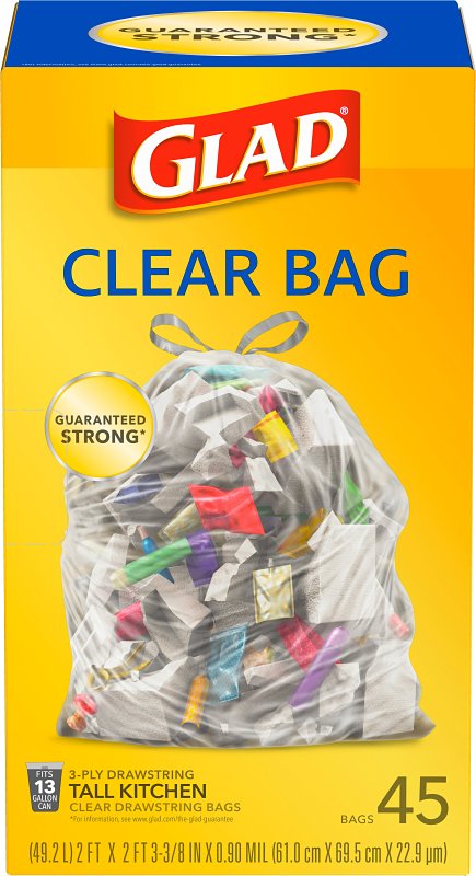 GLAD Glad 22337 Trash Bag, 13 gal, Plastic, Clear