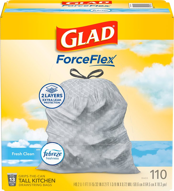 GLAD Glad ForceFlex 78554 Tall Kitchen Trash Bag, 13 gal, Polyethylene Resin, Gray