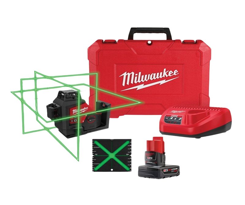 MILWAUKEE Milwaukee M12 Series 3632-21 3-Plane Laser Kit, 165 ft, +/- 1/8 in at 33 ft Accuracy, 3-Beam, Green Laser