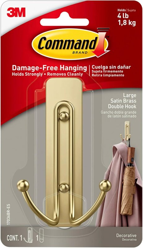 COMMAND Command 17036BR-ES Double Hook, 4 lb, 1-Hook, Plastic, Gold, Satin Brass HARDWARE & FARM SUPPLIES COMMAND
