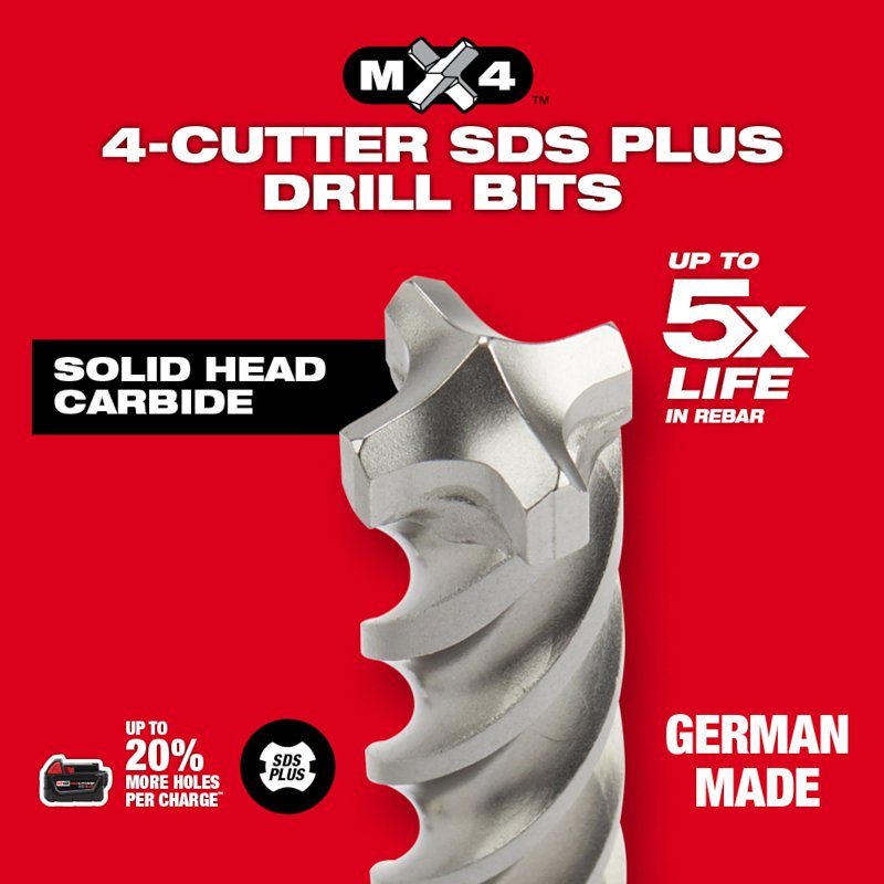 MILWAUKEE Milwaukee MX4 48-20-7210 4-Cutter Rotary Hammer Drill Bit, 3/4 in Dia, 8 in OAL, 13/32 in Dia Shank