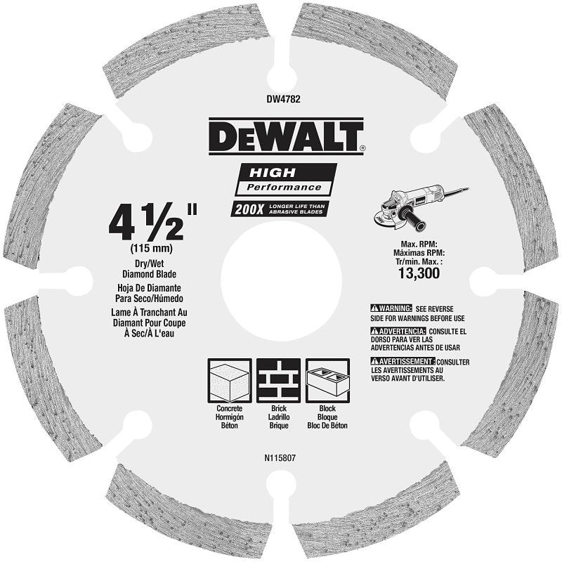 DEWALT DEWALT DW4782 Saw Blade, 4-1/2 in Dia, 7/8 in Arbor, Diamond Cutting Edge, Segmented Rim