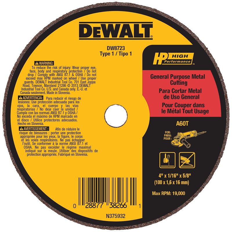 DEWALT DEWALT DW8723 Cut-Off Wheel, 4 in Dia, 1/16 in Thick, 5/8 in Arbor, 60 Grit, Aluminum Oxide Abrasive
