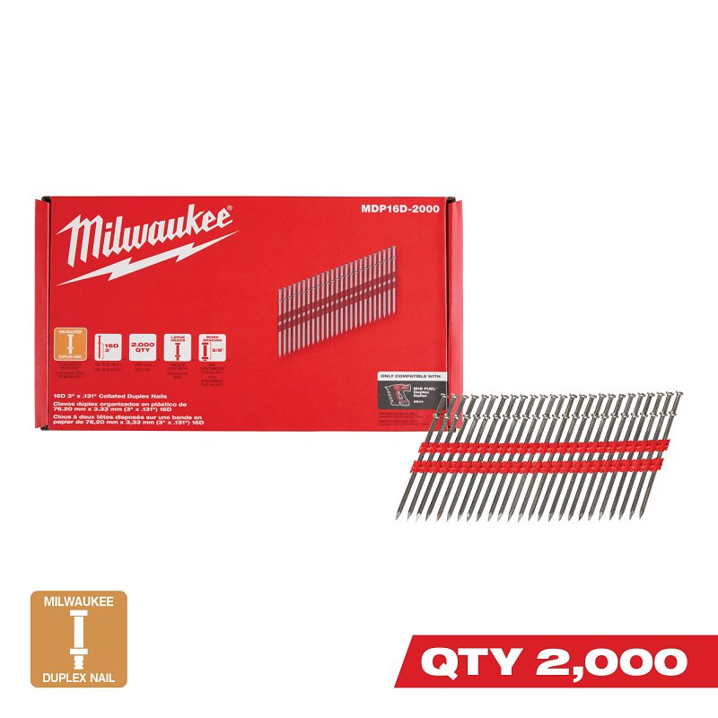 MILWAUKEE Milwaukee MDP16D-2000 Collated Duplex Nail, 16D, 3-5/8 in L, Steel, Silver, Round Head, Smooth Shank