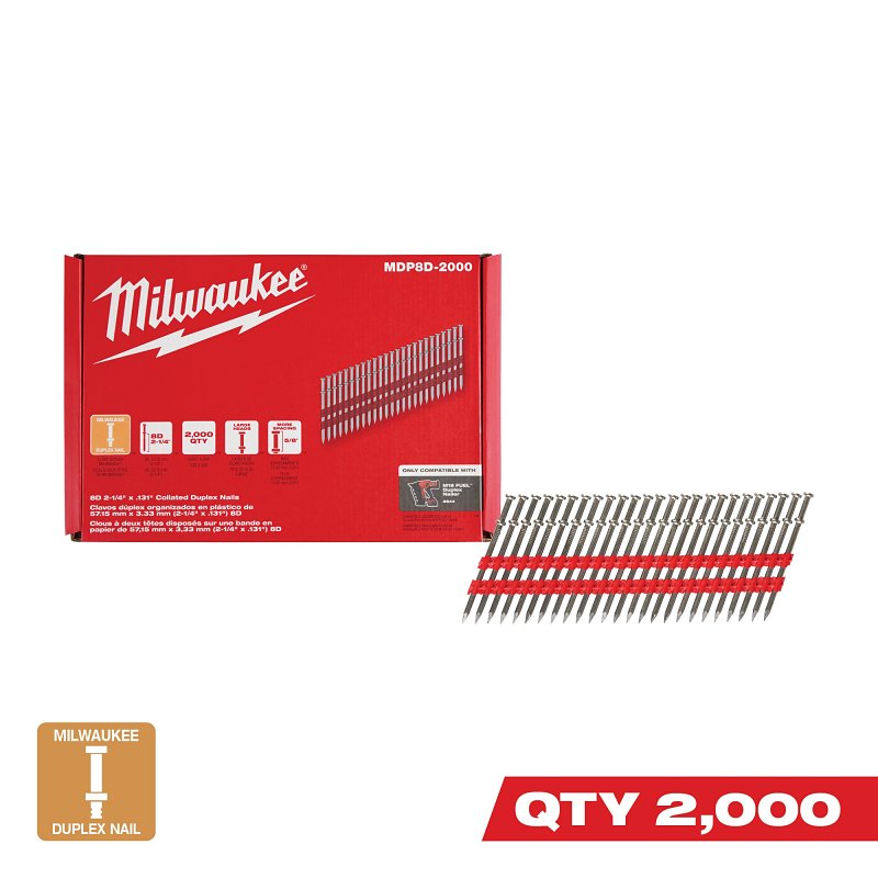 MILWAUKEE Milwaukee MDP8D-2000 Collated Duplex Nail, 8D, 2-7/8 in L, Steel, Silver, Round Head, Smooth Shank