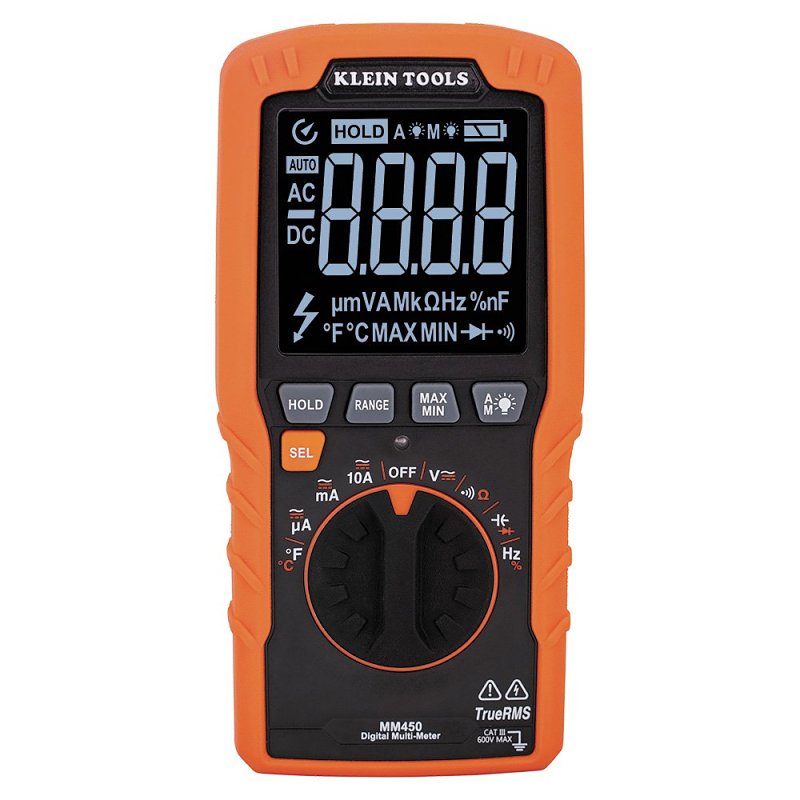 KLEIN Klein Tools MM450 Digital Multimeter, 600 VAC/VDC, 10 A, 400 uF, 1 to 50 kHz, LCD Display, Black/Orange ELECTRICAL KLEIN