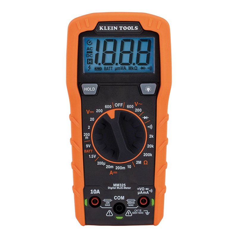KLEIN Klein Tools MM325 Digital Multimeter, 600 VAC/VDC, 10 A, LCD Display, Black/Orange