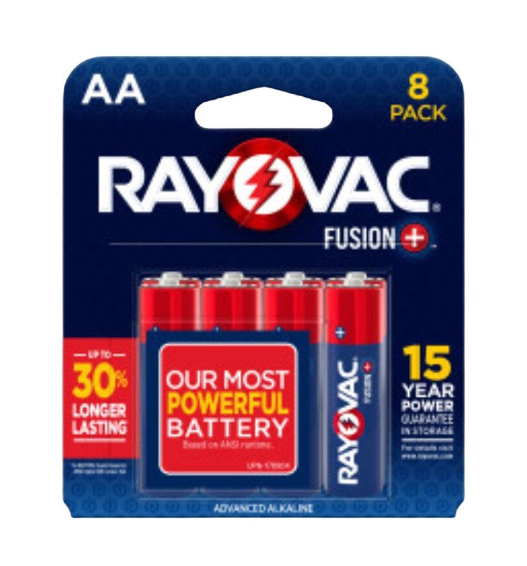 RAYOVAC Rayovac FUSION 815-8TFUSJ Battery, 1.5 V Battery, AA Battery, Alkaline, Black/Red/White