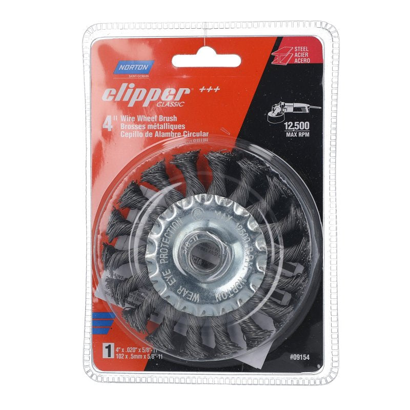 NORTON CLIPPER Norton 70184609154 Wire Wheel Brush, 4 in Dia, 5/8 in Arbor/Shank, Knotted Bristle, 0.02 in Dia Bristle TOOLS NORTON CLIPPER