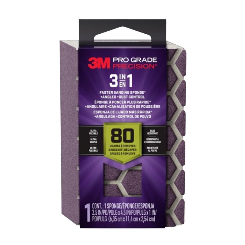 3M Pro Grade Precision DCDA80-PGP-1T 3-in-1 Sanding Sponge, 4-1/2 in L, 2-1/2 in W, 80 Grit, Coarse
