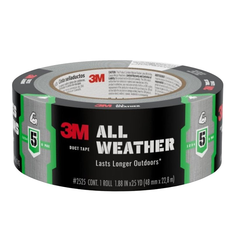 3M 3M All Weather Series 2525-GRY Duct Tape, Solid, 25 yd L, 1.88 in W, Cloth Backing, Gray