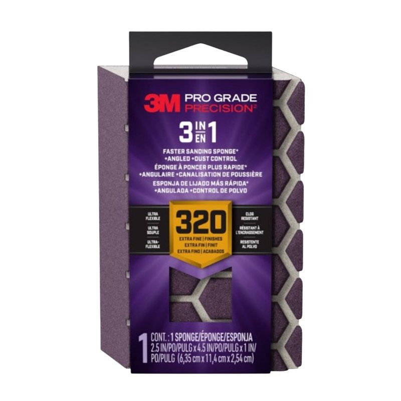 3M Pro Grade Precision DCDA320-PGP-1T 3-in-1 Sanding Sponge, 2-1/2 in L, 4-1/2 in W, 320 Grit, Extra Fine BUILDING MATERIALS 3M