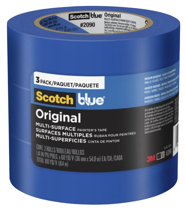 SCOTCH BLUE ScotchBlue 2090 2090-36AP3 Painters Tape, 60 yd L, 1.41 in W, Paper Backing, Blue