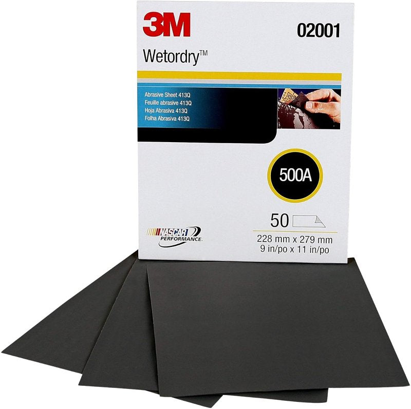 3M Wetordry Tri-M-ite 02001 Sandpaper Sheet, 11 in L, 9 in W, 500 Grit, Silicon Carbide Abrasive, Paper Backing