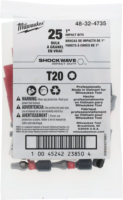 MILWAUKEE ELECTRIC TOOLS Milwaukee SHOCKWAVE 48-32-4735 Impact-Duty Insert Bit, T20 Drive, Torx Drive, 1 in L, Alloy Steel