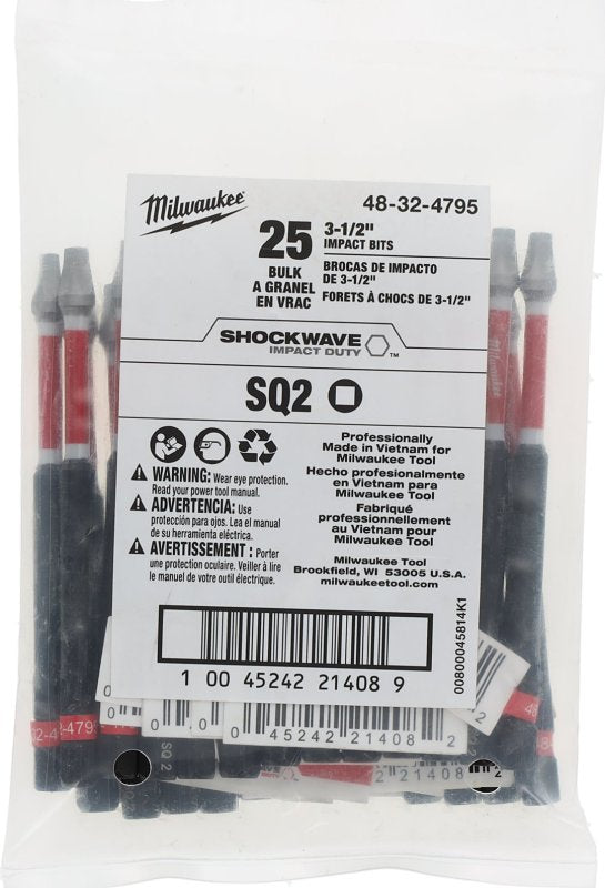 MILWAUKEE ELECTRIC TOOLS Milwaukee SHOCKWAVE Impact Duty 48-32-4795 Power Bit, #2 Drive, Square Drive, 1/4 in Shank, 3-1/2 in L, Steel
