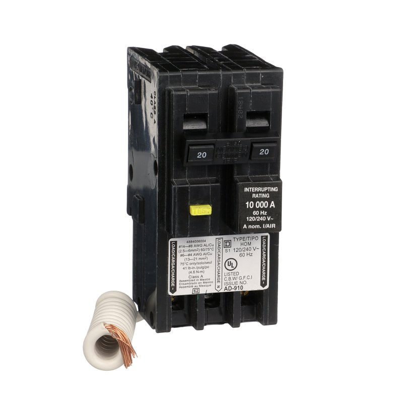 SQUARE D Square D Homeline HOM220GFIC Miniature Circuit Breaker, GFCI, 20 A, 2-Pole, 120/240 V, Plug-In Mounting ELECTRICAL SQUARE D