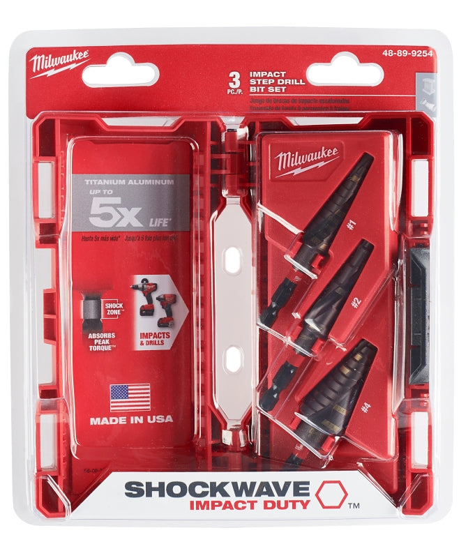 MILWAUKEE Milwaukee SHOCKWAVE Impact Duty 48-89-9254 Step Drill Bit Set, 3-Piece, HSS, Titanium Aluminum Nitride TOOLS MILWAUKEE