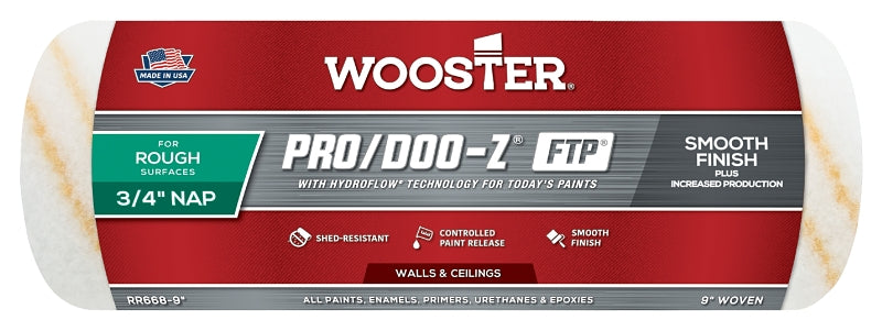 WOOSTER BRUSH Wooster RR668-9 Roller Cover, White, 3/4 in Thick Nap, 9 in L, Fabric Cover PAINT WOOSTER BRUSH