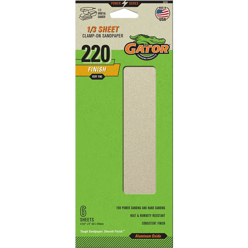 GATOR Gator 5040 Sanding Sheet, 3-2/3 in W, 9 in L, 220 Grit, Extra Fine, Aluminum Oxide Abrasive, Paper Backing TOOLS GATOR