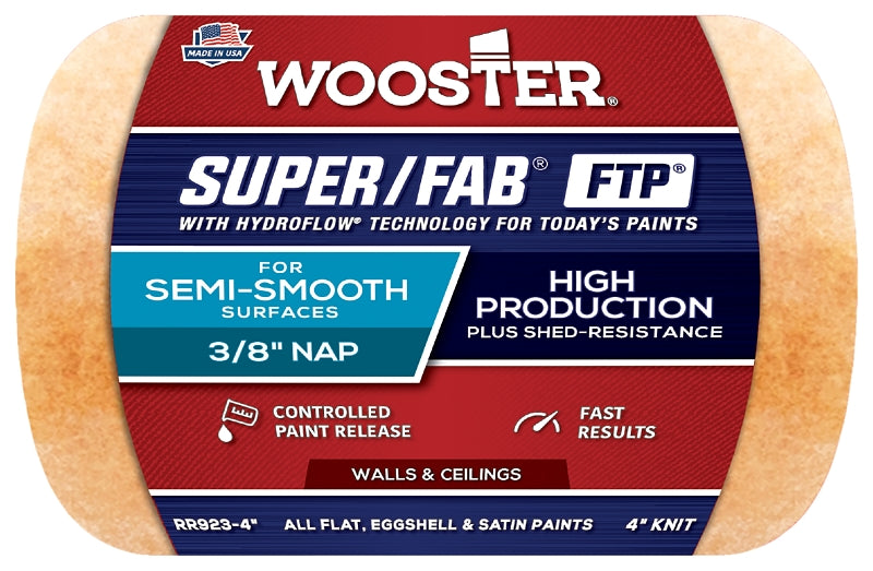 WOOSTER BRUSH Wooster RR923-4 Roller Cover, 3/8 in Thick Nap, 4 in L, Fabric Cover, Lager PAINT WOOSTER BRUSH