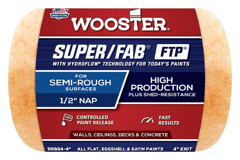 WOOSTER BRUSH Wooster RR924-4 Roller Cover, 1/2 in Thick Nap, 4 in L, Knit Fabric Cover, Lager