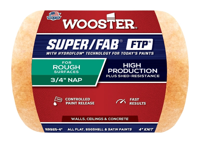 WOOSTER BRUSH Wooster RR925-4 Roller Cover, 3/4 in Thick Nap, 4 in L, Knit Fabric Cover, Lager