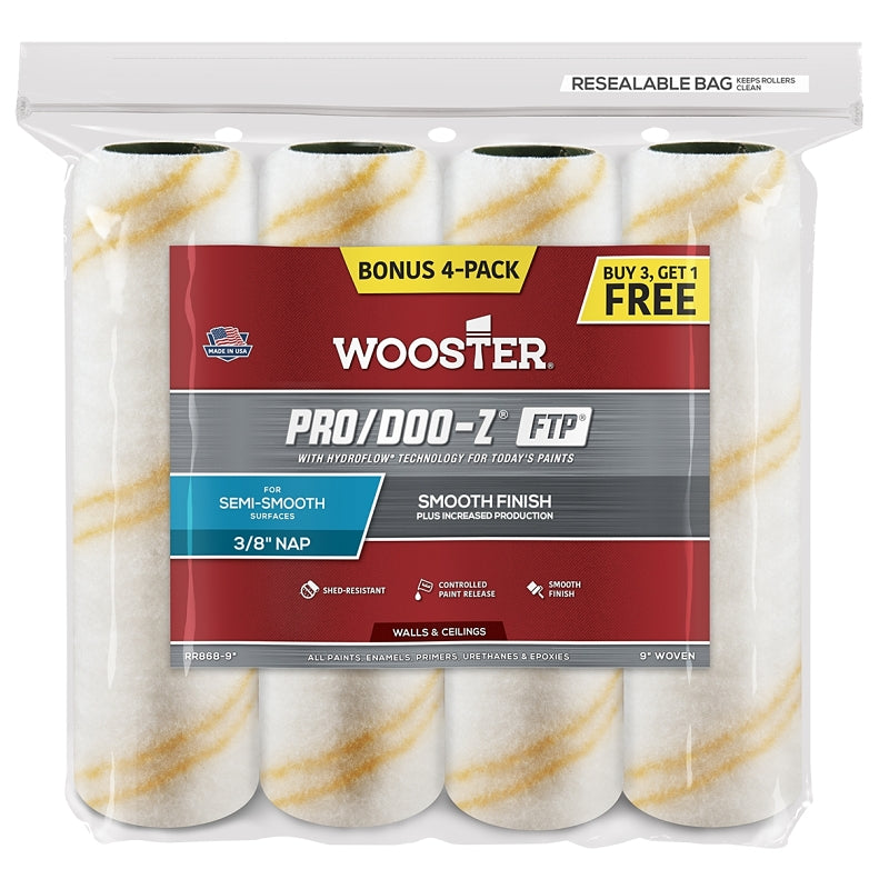 WOOSTER BRUSH Wooster RR868-9 Roller Cover, White, 3/8 in Thick Nap, 9 in L, Fabric Cover, 4/PK