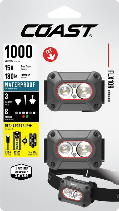 COAST Coast FLX10R Headlamp, AAA Battery, Zithion-X Battery, LED Lamp, 1000 Lumens, Flood, Spot Beam, 43 m Beam Distance