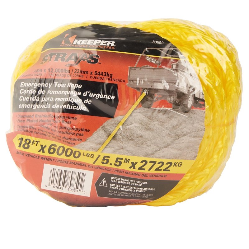 KEEPER Keeper 89859 Tow Rope, 7/8 in Dia, 18 ft L, Slip Hook End, 6000 lb Working Load, Polypropylene