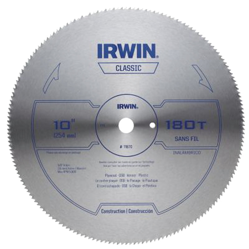 IRWIN Irwin 11870 Circular Saw Blade, 10 in Dia, 5/8 in Arbor, 180-Teeth, HCS Cutting Edge, Applicable Materials: Wood TOOLS IRWIN