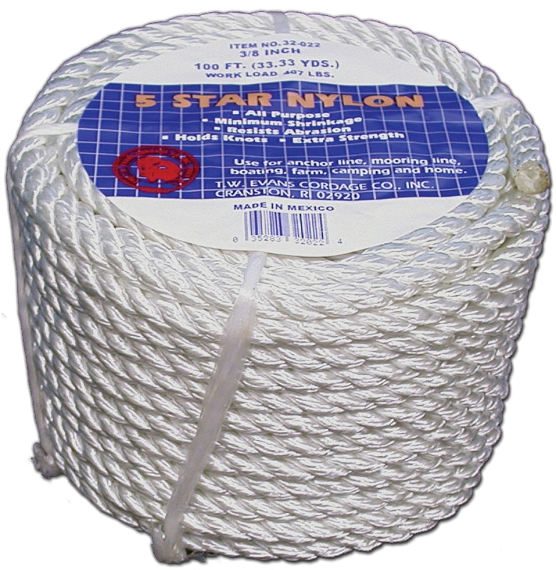 TW EVANS CORDAGE T.W. Evans Cordage 32-003 Rope, 1/2 in Dia, 50 ft L, Nylon, Natural White