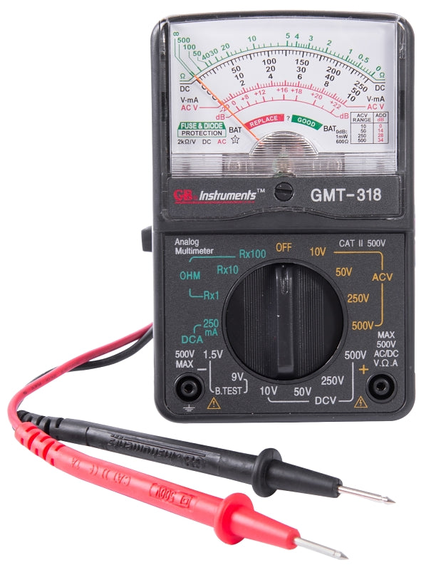 GB Gardner Bender GMT-318 Multimeter, Analog Display, Functions: AC Voltage, DC Current, DC Voltage, Resistance, Black ELECTRICAL GB