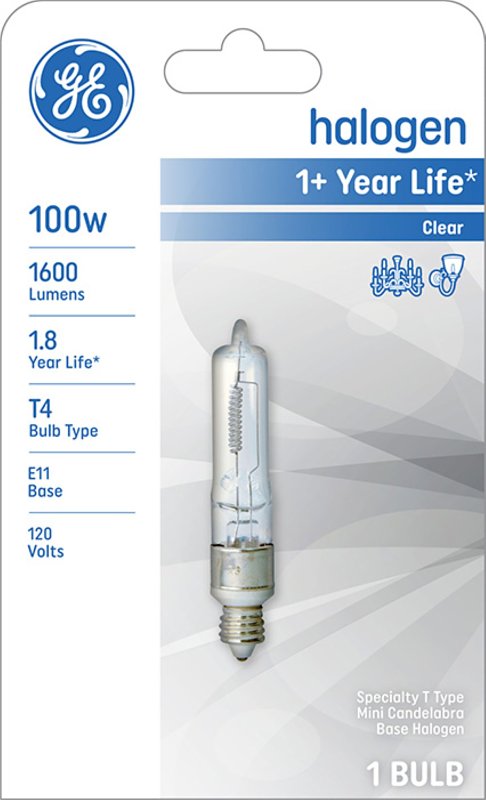 GE GE 19383 Halogen Bulb, 100 W, E11 Candelabra Lamp Base, T4 Lamp, White Light, 1600 Lumens, 2800 K Color Temp