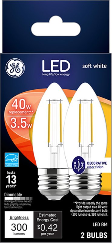 GE GE 23179 LED Bulb, Decorative, 300 Lumens, 3.5 W, BM Lamp, 40 W Equivalent, E26 Lamp Base, Dimmable, Soft White ELECTRICAL GE
