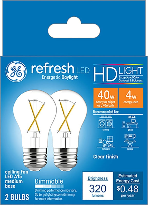 GE GE Refresh 31339 Replacement Bulb, A15 Lamp, 40 W Equivalent, Medium Lamp Base, Dimmable, Clear, Daylight