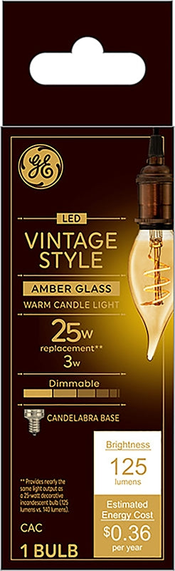 GE GE 36488 Vintage Light Bulb, CAC Lamp, 25 W Equivalent, E12 (Candelabra) Lamp Base, Dimmable, Amber, Warm White Light ELECTRICAL GE