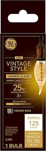GE GE 36494 Vintage Light Bulb, CAM Lamp, 25 W Equivalent, E26 (Medium) Lamp Base, Dimmable, Amber, Warm White Light ELECTRICAL GE