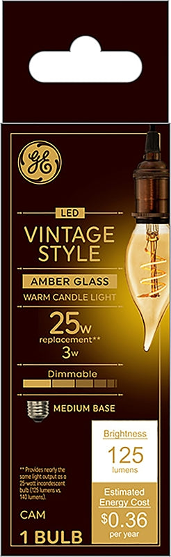 GE GE 36494 Vintage Light Bulb, CAM Lamp, 25 W Equivalent, E26 (Medium) Lamp Base, Dimmable, Amber, Warm White Light ELECTRICAL GE
